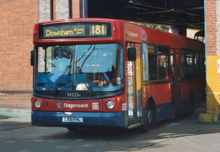 34325 on 181 to Downham, Catford Garage, July 2005.